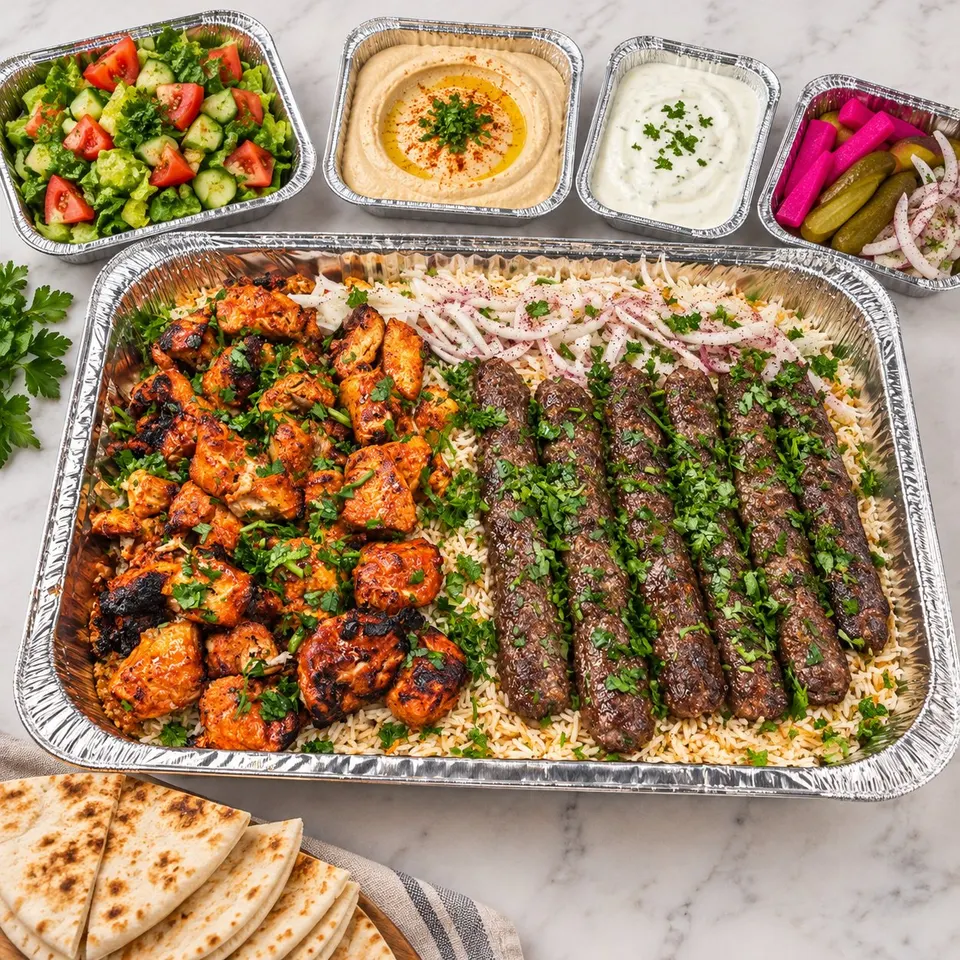 Palmyra catering spread with grilled kebabs, rice, salad, hummus and bread