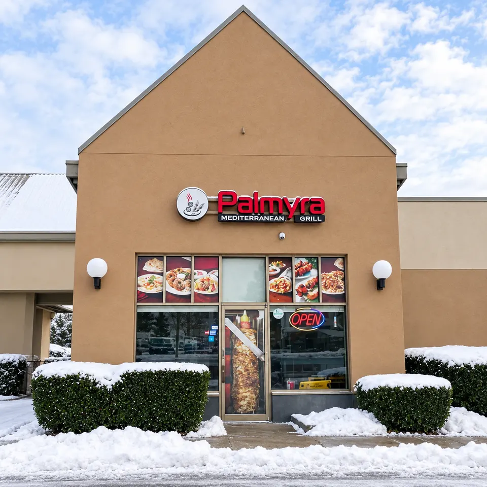 The entrance to Palmyra Mediterranean Grill in Surrey