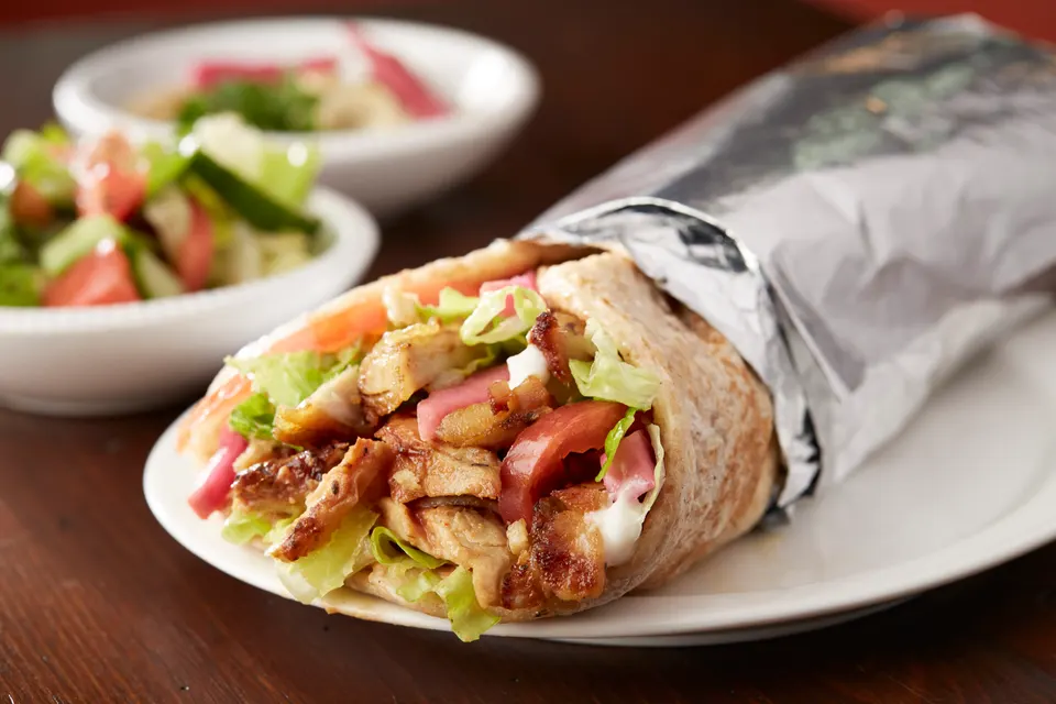 Chicken shawarma wrap photographed at Palmyra Mediterranean Grill