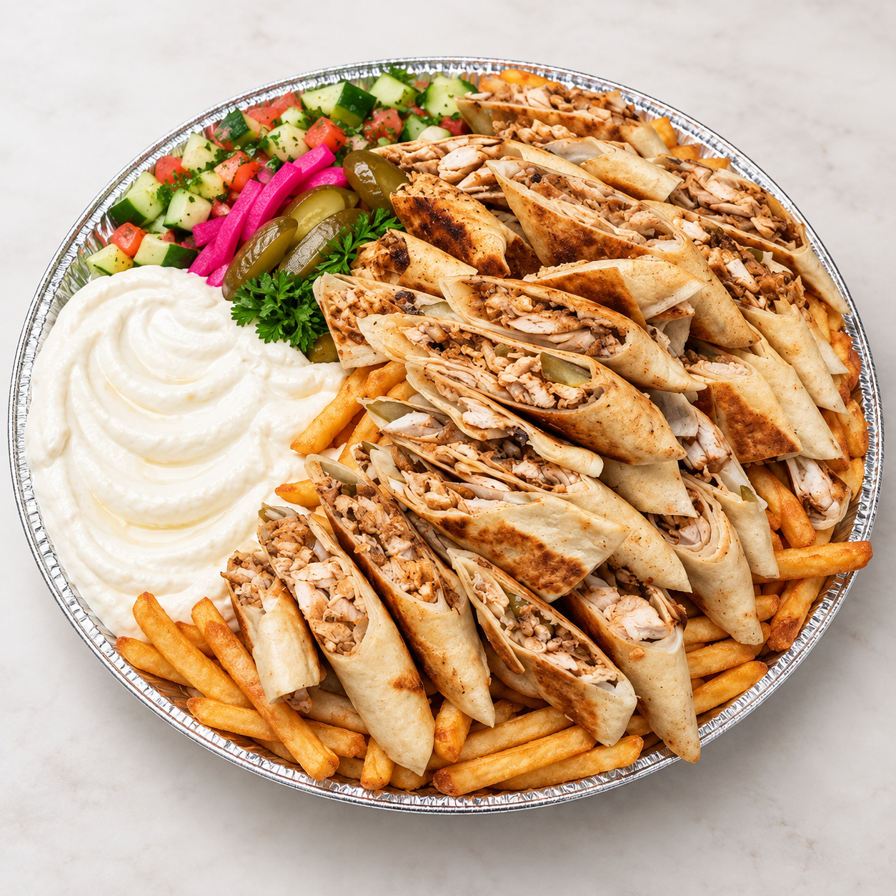 Round Arabi catering tray with cut shawarma wraps, fries, salad, garlic sauce and pickles