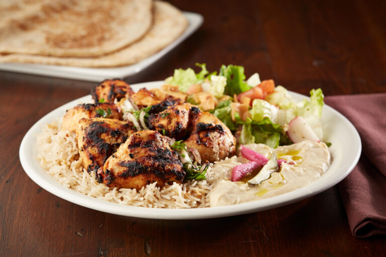 Flame-grilled chicken kabob platter