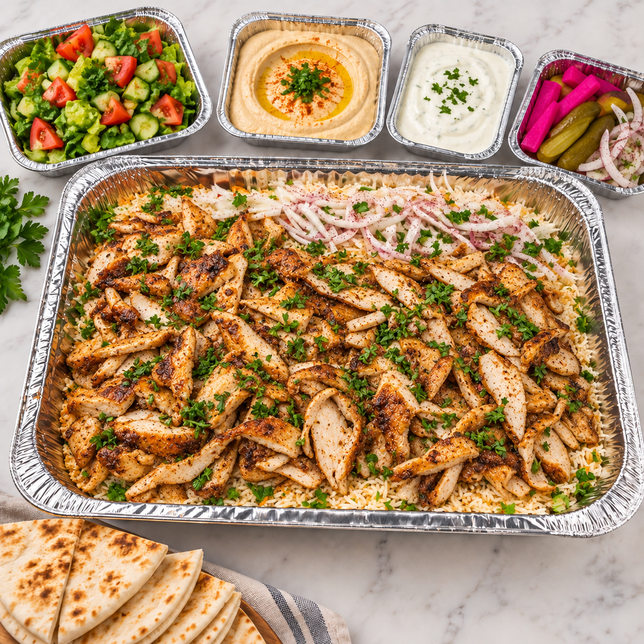 Illustration of chicken shawarma catering with rice, salad, hummus, garlic sauce and bread