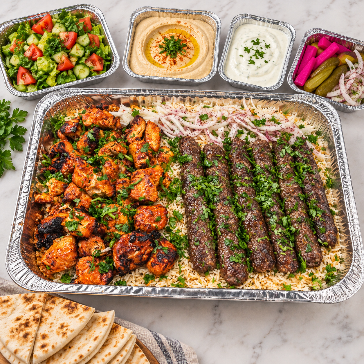 Mix Kabob catering tray with chicken kabob, kafta, rice, salad, hummus, garlic sauce and bread