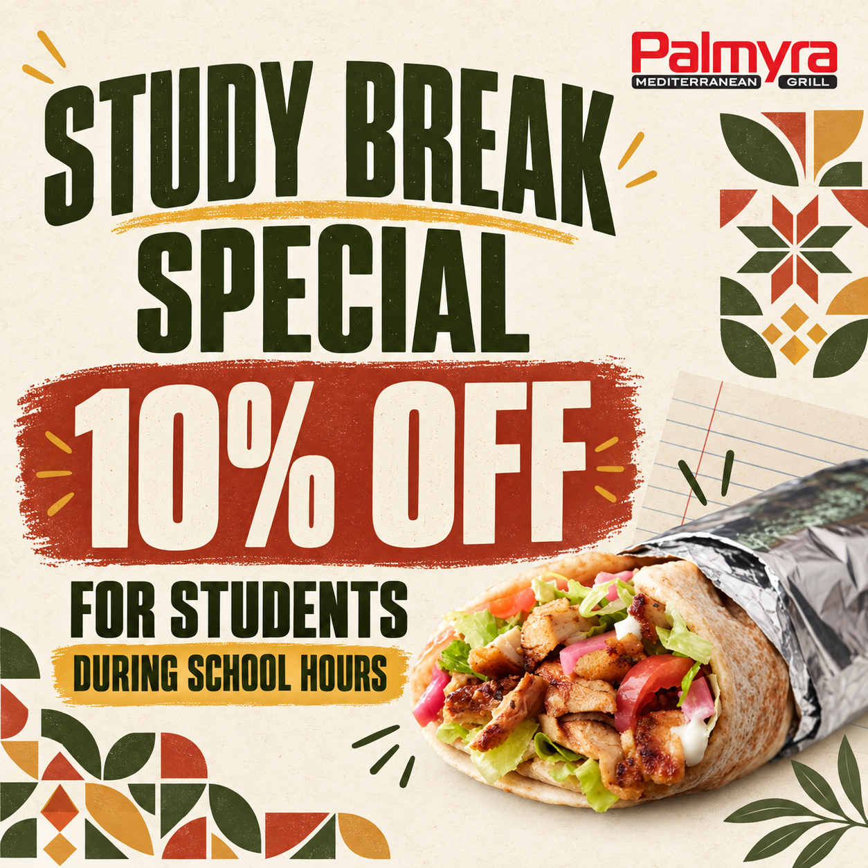 Study Break Special promotional graphic: students get 10 percent off during school hours